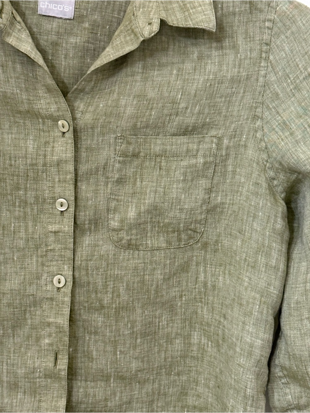 Chico's Olive Green Linen Button-Up Blouse - Picture 3 of 4